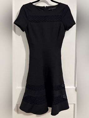 WHBM Black Short-Sleeve Flared Midi Dress with Textured Insets
